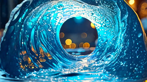 A blue wave is depicted in a circular shape, with a splash of water on the left side. The image has a dreamy, ethereal quality to it, as if it were a piece of art rather than a photograph