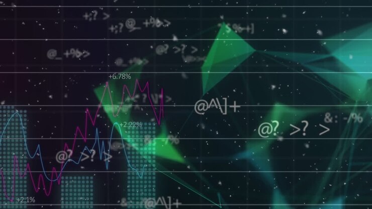 Animation of data processing and diagram over shapes on black background