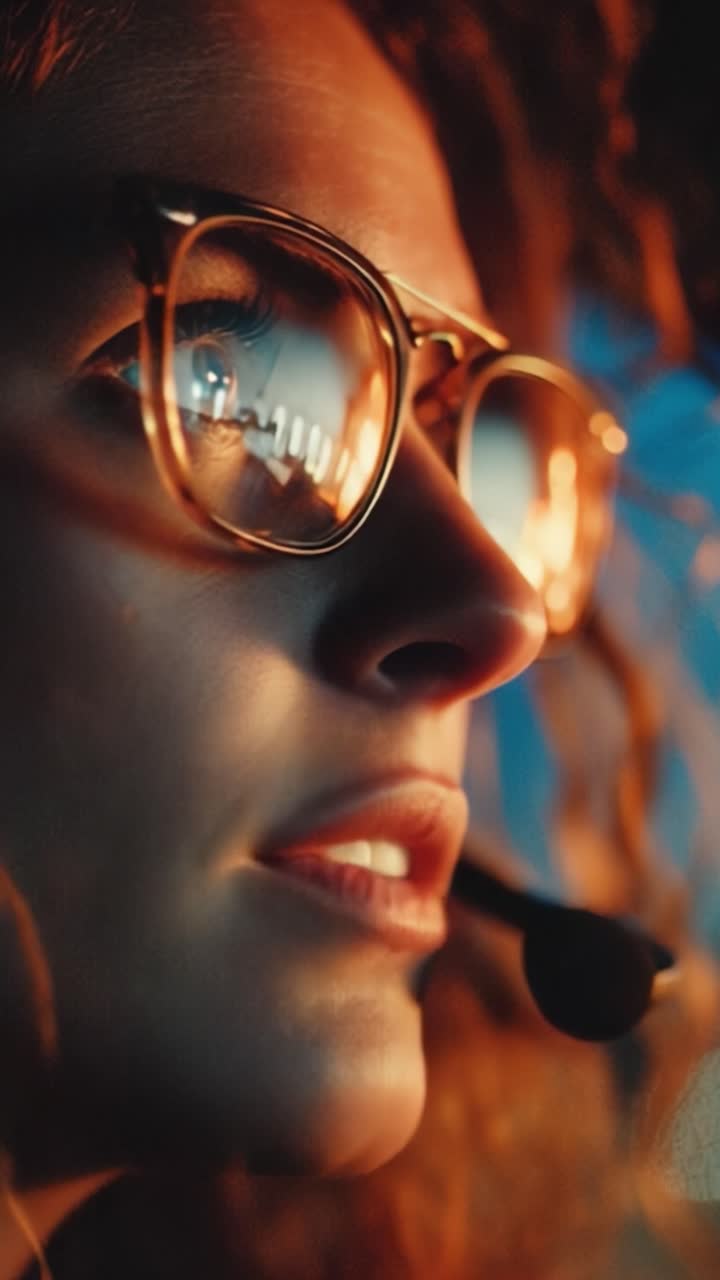 A focused individual with glasses engages in a passionate conversation, captured in a cinematic moment highlighting their determination and intensity in a technology-driven environment