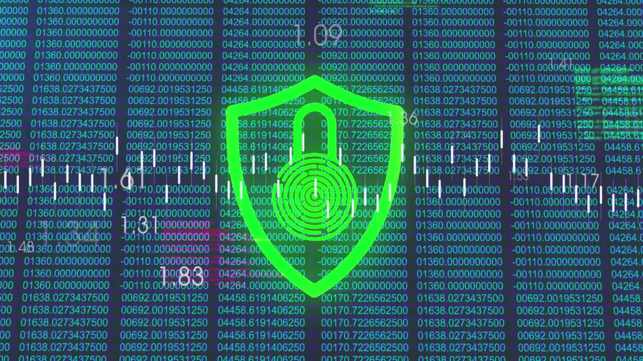 검은색 배경에 있는  ⁇ 락 아이콘 위에 있는 금융 데이터 처리 애니메이션
