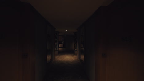 a steadicam shot of a dark hotel hallway