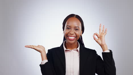 Okay-sign,-pointing-and-business-black-woman