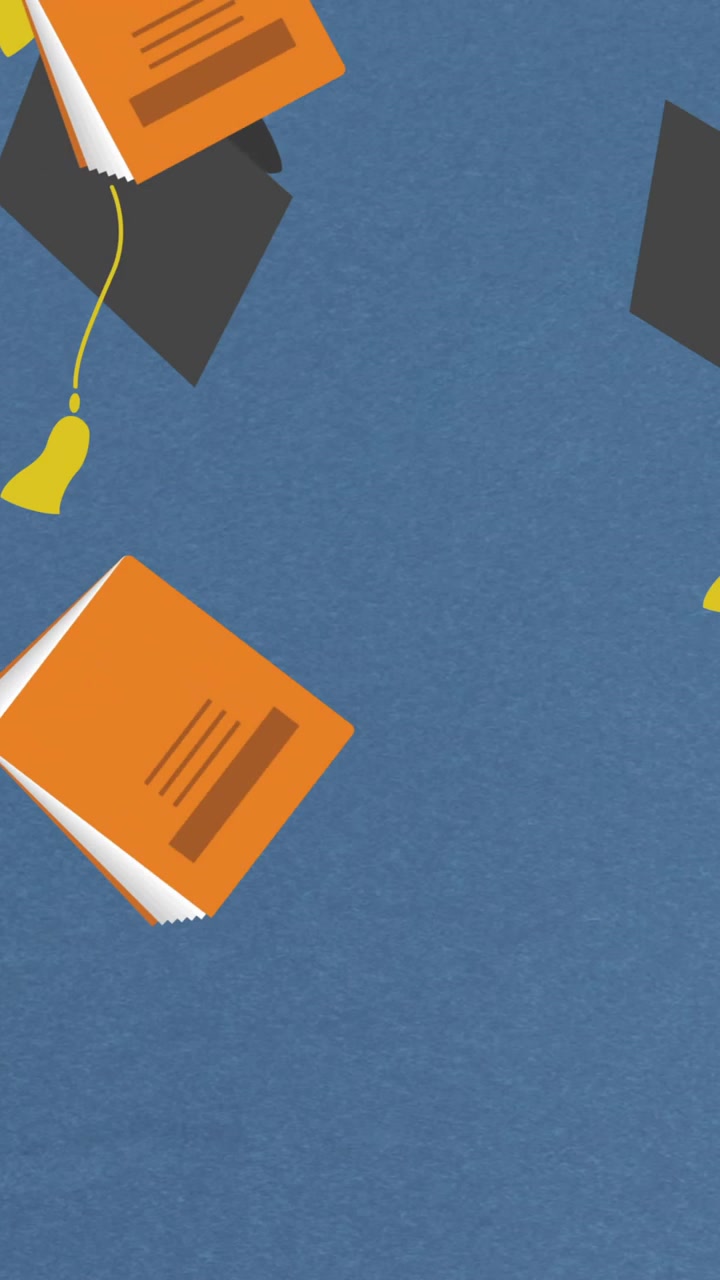 Animation of notebooks and graduation hats falling on blue background
