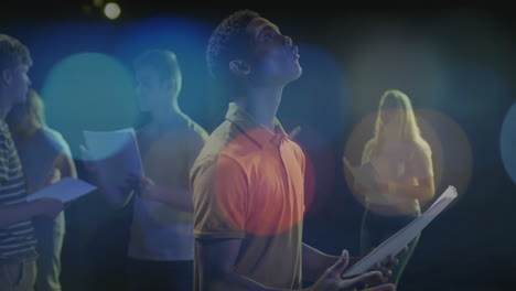 teen actors rehearsing lines on stage for education, with animated spotlights and script overlays