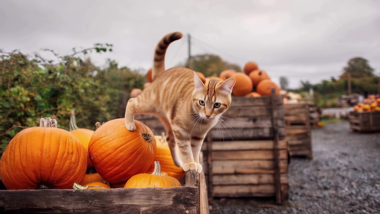 Gato atigrado pelirrojo explorando una caja de calabazas en una granja.