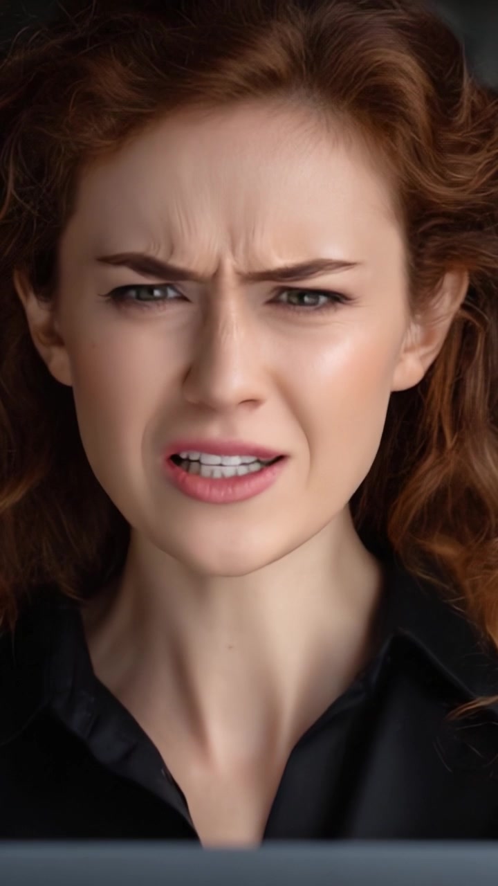 Donna frustrata che esprime emozioni intense mentre guarda uno schermo, catturando l'essenza delle sfide della comunicazione digitale nella vita moderna.