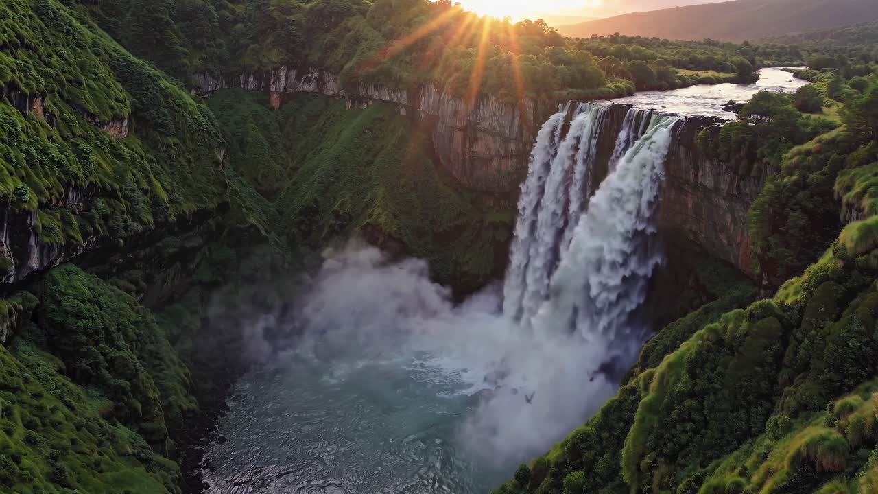 Vídeo aéreo de una majestuosa cascada que cae en una poza brumosa, rodeada de exuberante vegetación