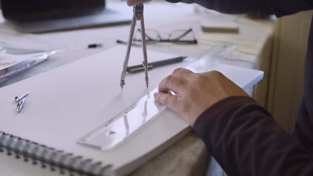 adulto mide cuidadosamente con regla y dibuja un círculo perfecto con brújula, 4k