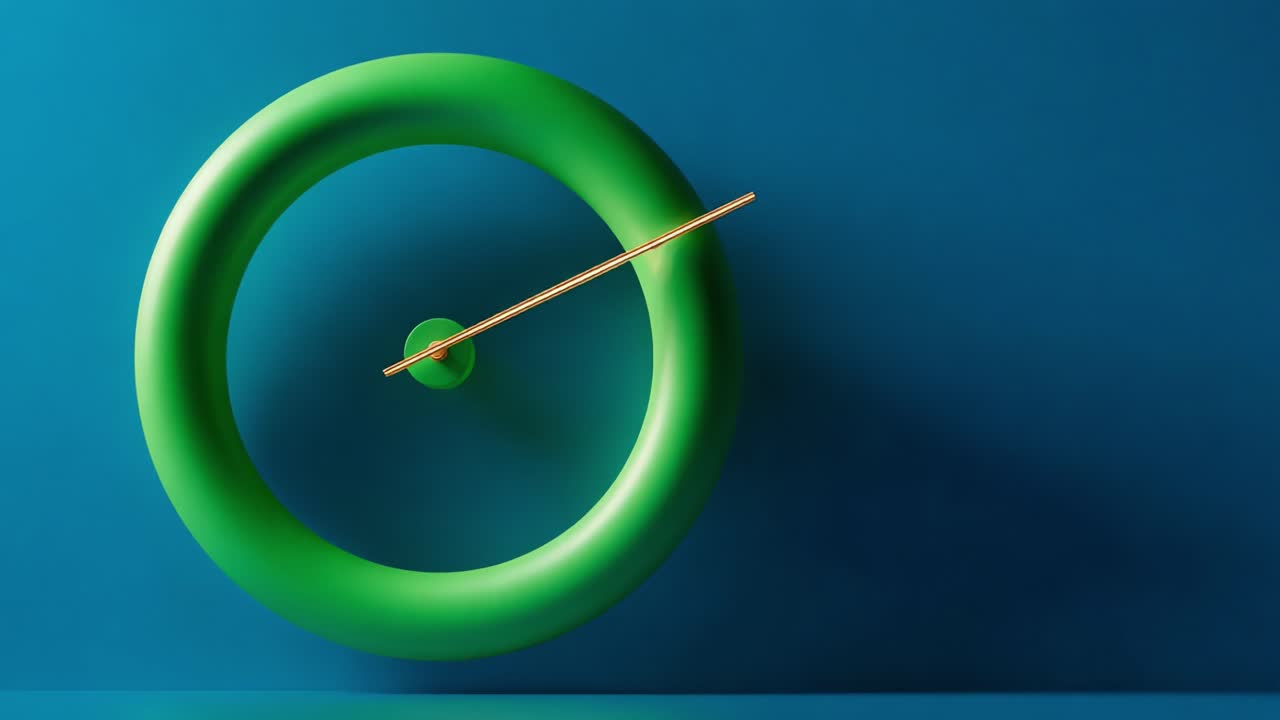 Stylish Green Circular Clock Design Featuring a Unique Golden Hands Against a Vibrant Blue Background, Representing Modern Aesthetic and Minimalist Art in Interior Spaces