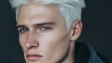 retrato en primer plano de un hombre con cabello blanco y ojos azules