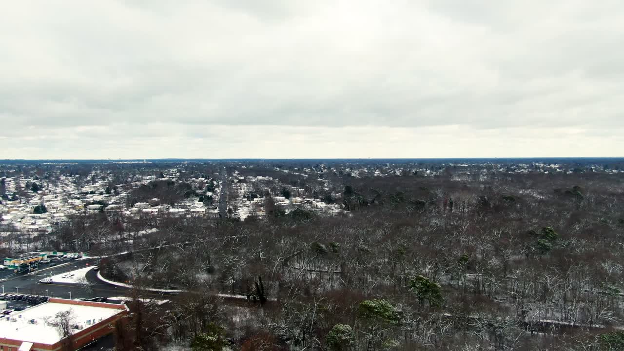 Winter in suburban neighborhood West Babylon New York United States, aerial cold weather
