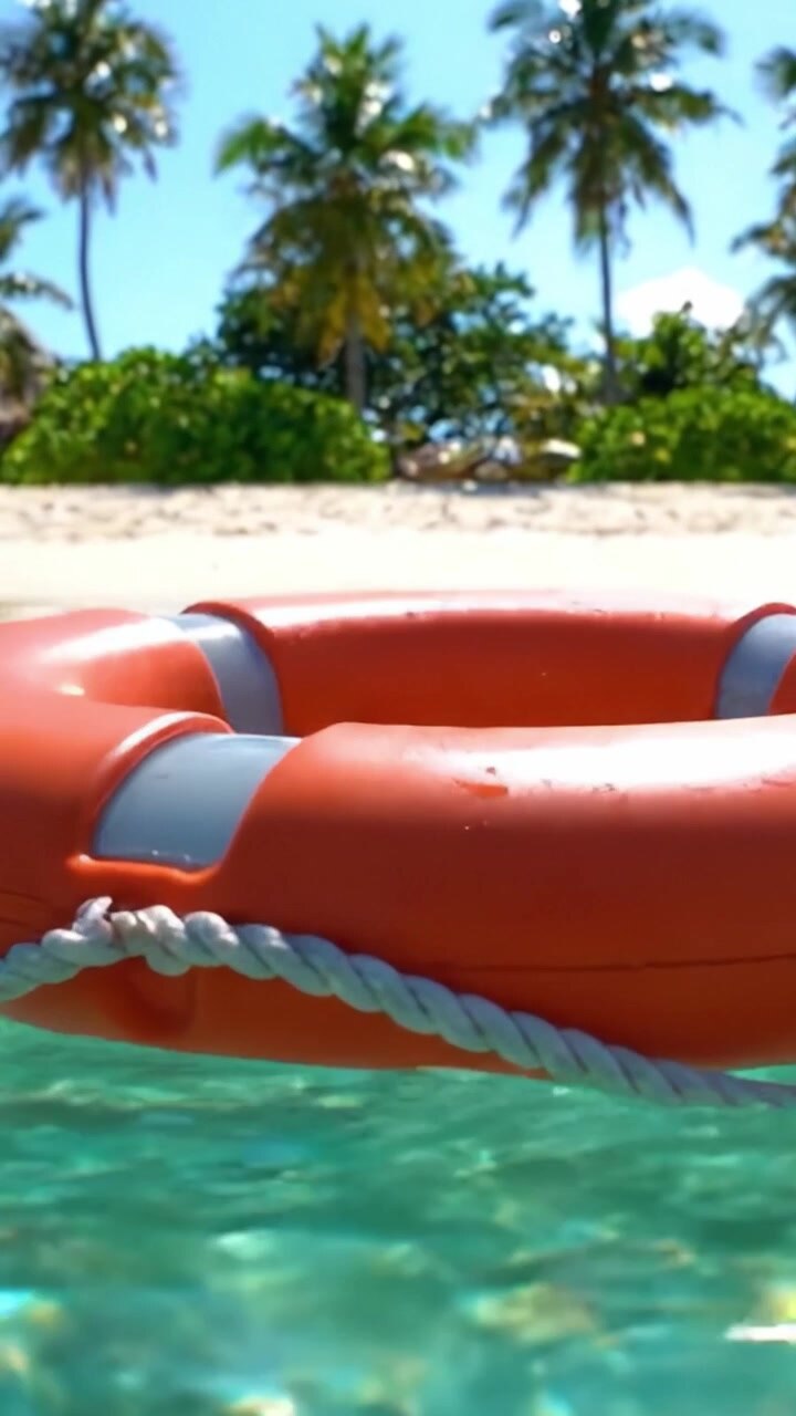 A Bright Orange Lifebuoy Floating in Crystal Clear Water with Tropical Palm Trees in the Background, Promising Safety and Fun Near a Sandy Beach