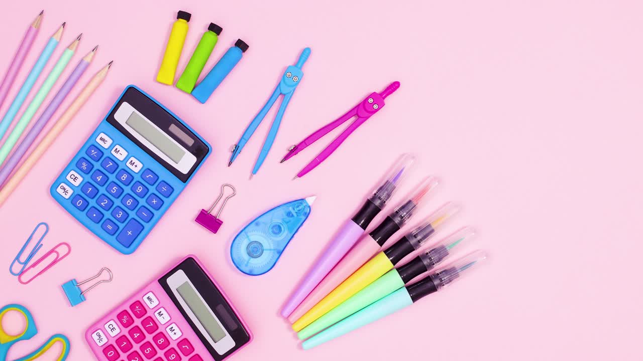Pastel back to school accessories appear on left side of pastel pink theme. Stop motion