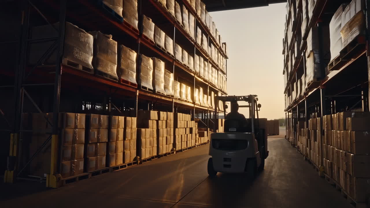 Forklift Operating in a Warehouse at Sunset/Sunrise