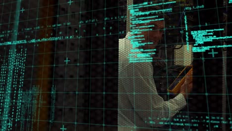 animation of data processing over caucasian man in server room