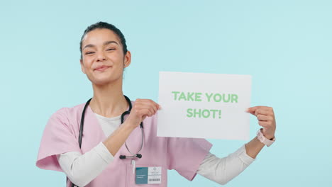 happy nurse, face and vaccination sign of a woman