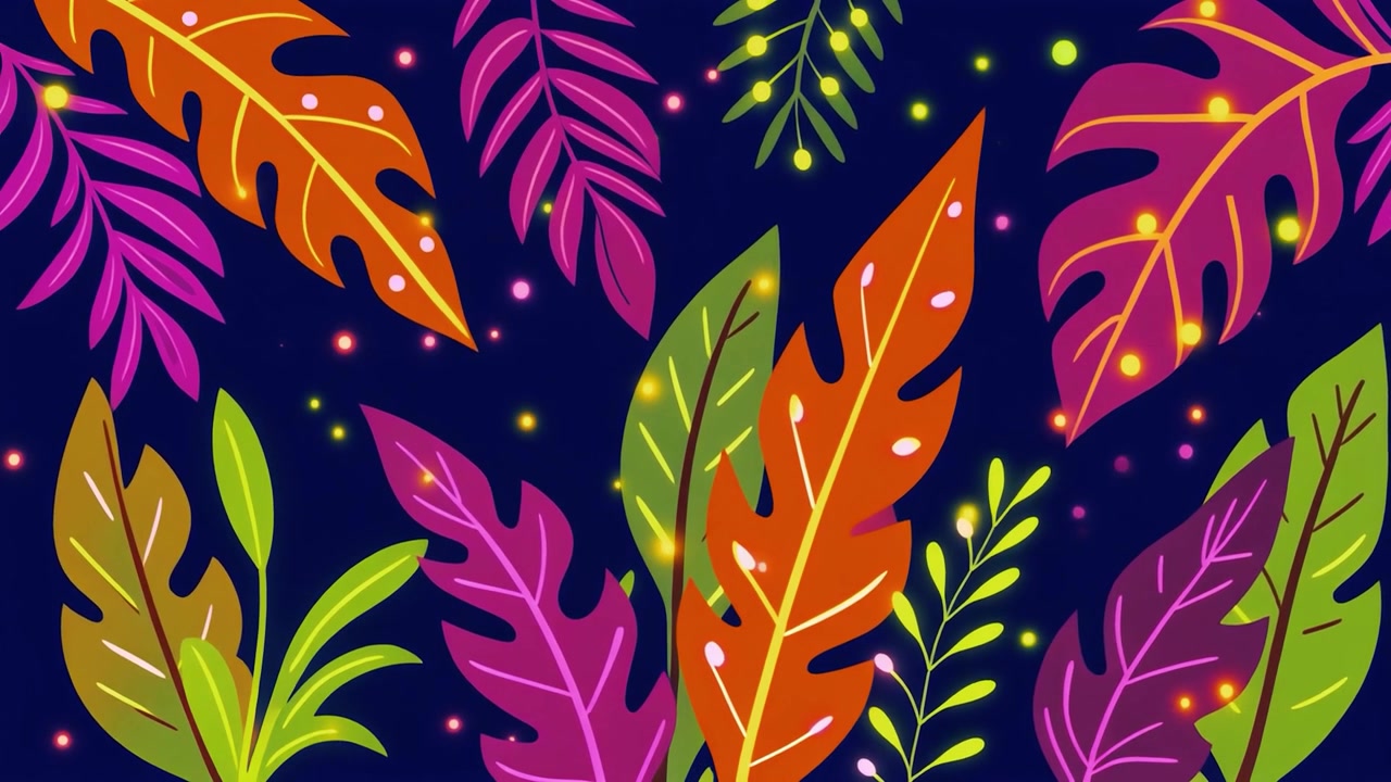 Animated Tropical Leaves Pattern with Glowing Particles