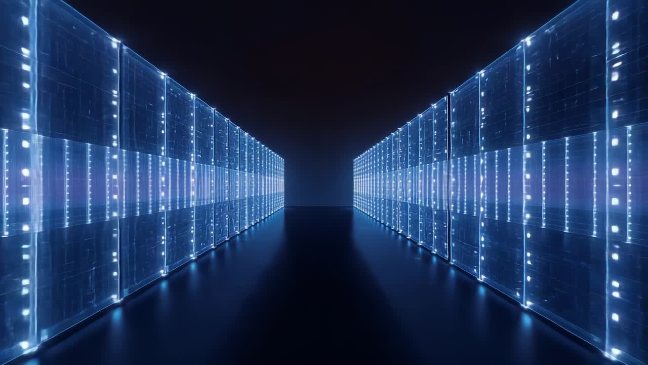 Pulserende LED-lys i en serverrækkes korridor, der skifter i et datacenter og viser blades og blankt gulv
