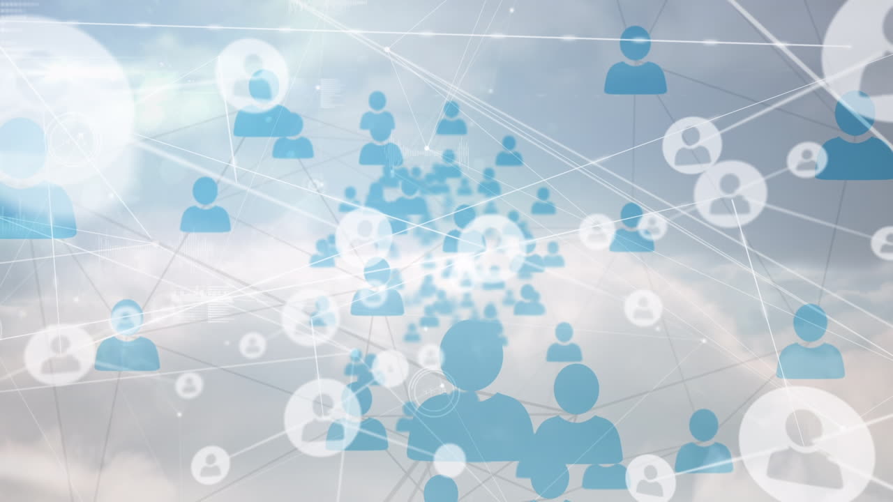 구름진 하늘 위의 아이콘과 연결 네트워크의 애니메이션