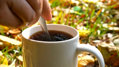 mujer mezclando a mano café caliente con una cuchara en una taza al aire libre. fondo de otoño.
