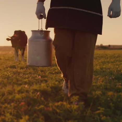 farmer pours milk into can at sunset 3