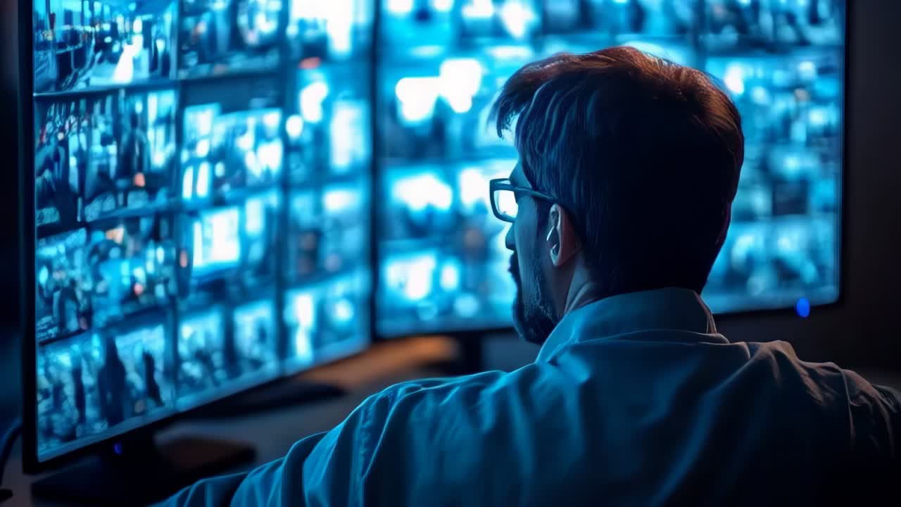 Security man controlling multiple monitors displaying various surveillance images.