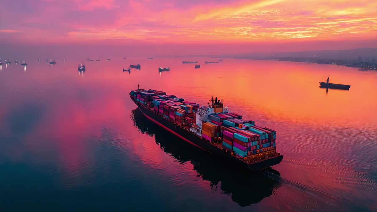 A Stunning Container Ship Navigates Calm Waters at Sunrise, Showcasing a Vibrant Palette of Colors Against a Serene Reflection in the Harbor