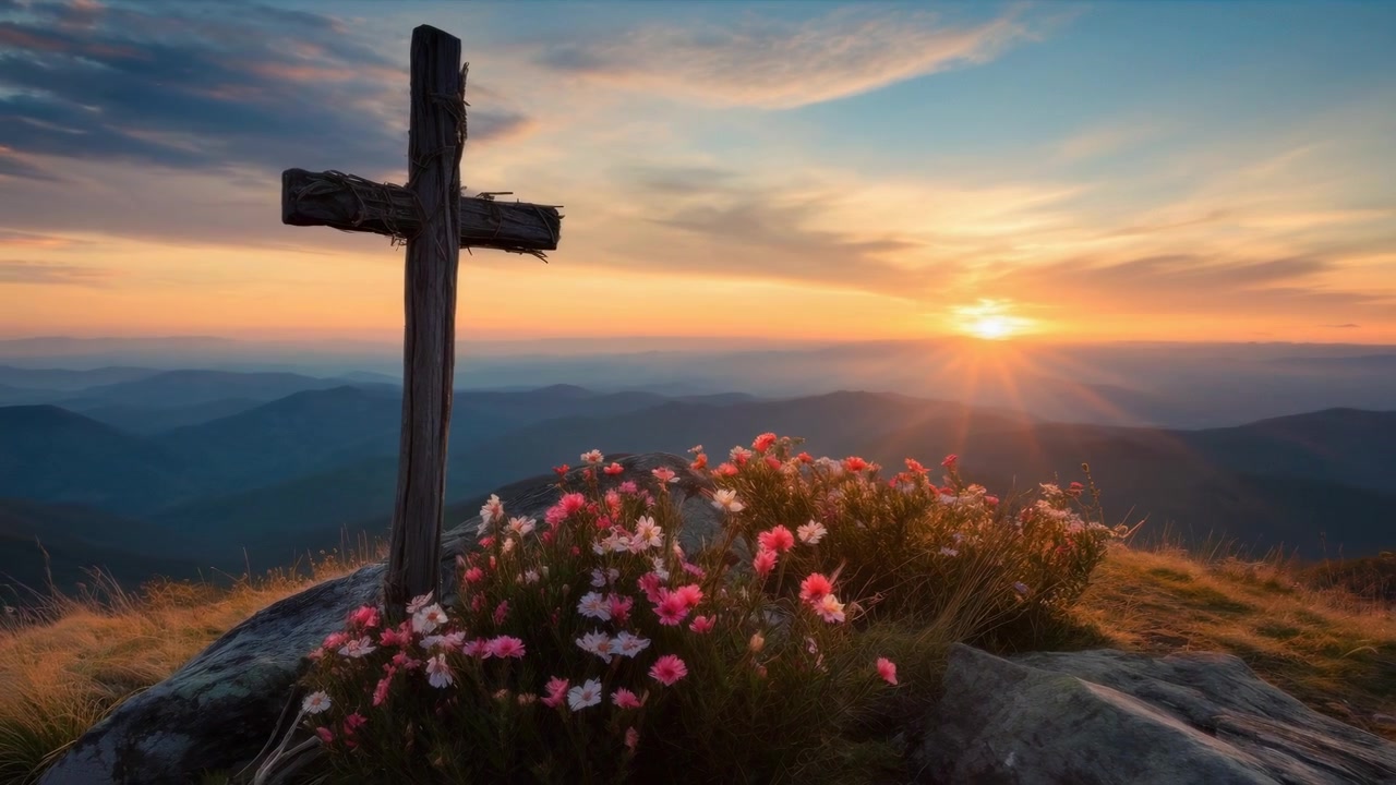 Croce di legno sulla vetta della montagna al tramonto