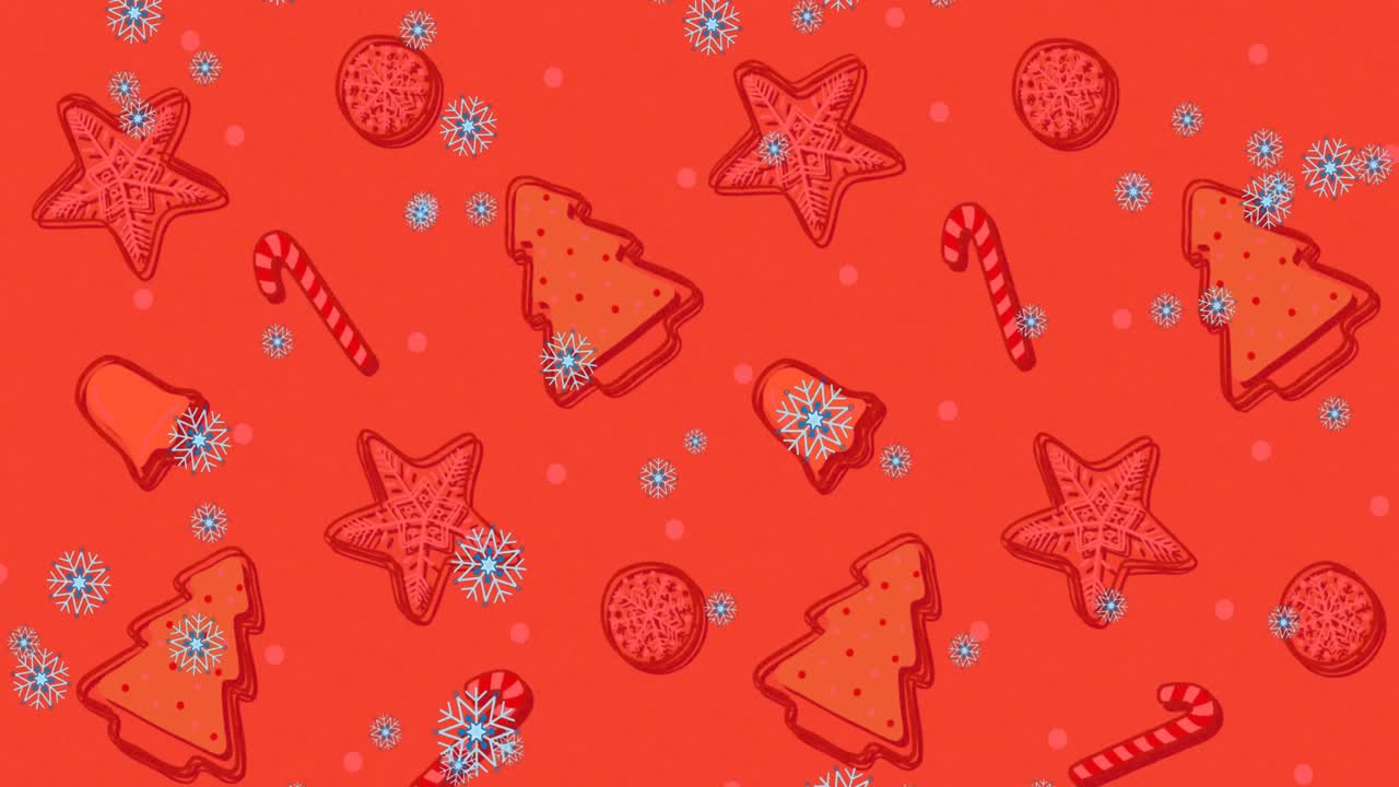 animación de nieve cayendo sobre decoraciones de navidad sobre fondo rojo