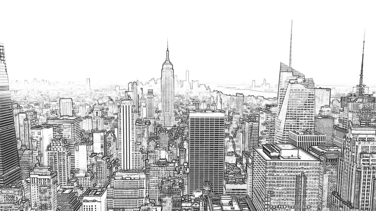 Muchos edificios en una gran ciudad, dibujo artístico en blanco y negro