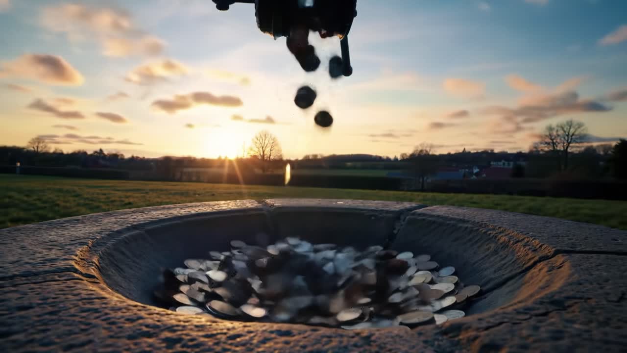 In a calm outdoor setting at sunset, coins are being dropped into a stone well, creating a beautiful visual of shimmering currency against a vibrant sky.