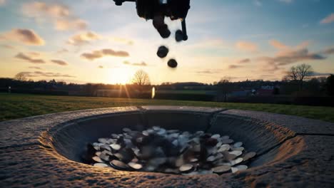 in a calm outdoor setting at sunset, coins are being dropped into a stone well, creating a beautiful visual of shimmering currency against a vibrant sky.
