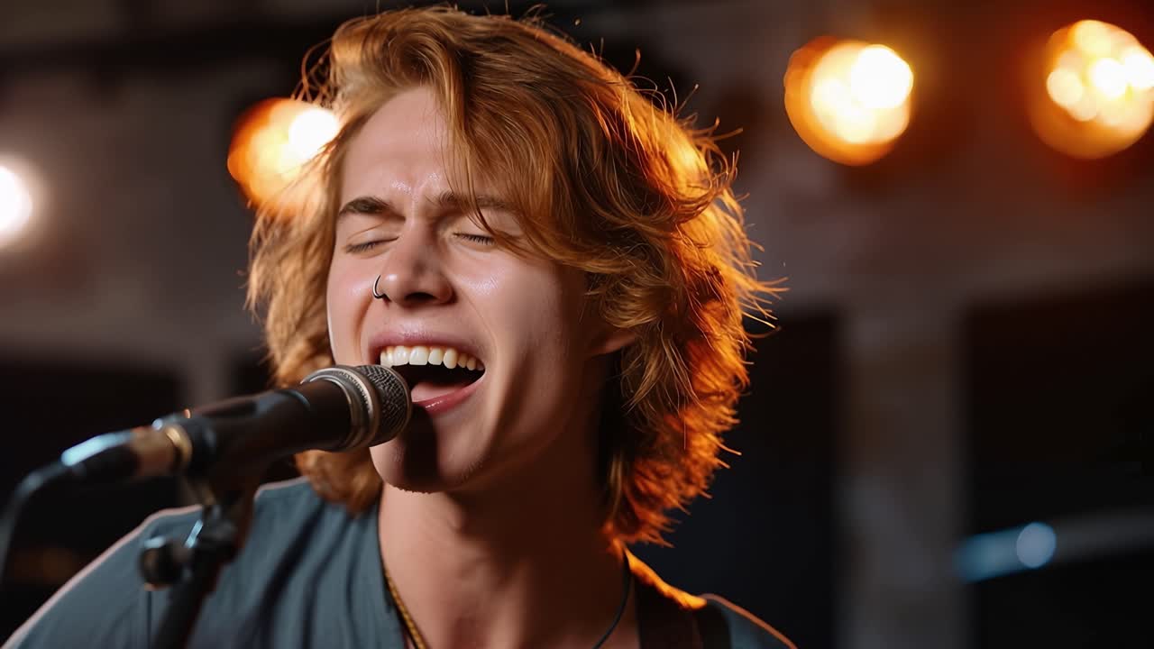 Young Man Singing Passionately into Microphone on Stage