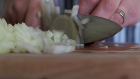 woman chopping onions on chopping board