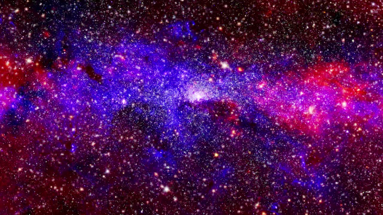 punto de vista moviendo nubes nebulosas azules y rojas flotando en el universo