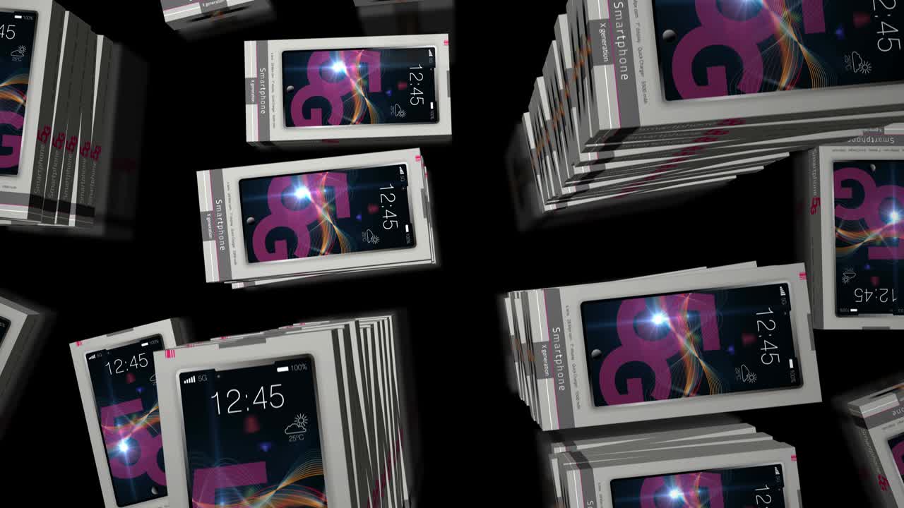 animación de la línea de producción de paquetes de teléfonos inteligentes 5g