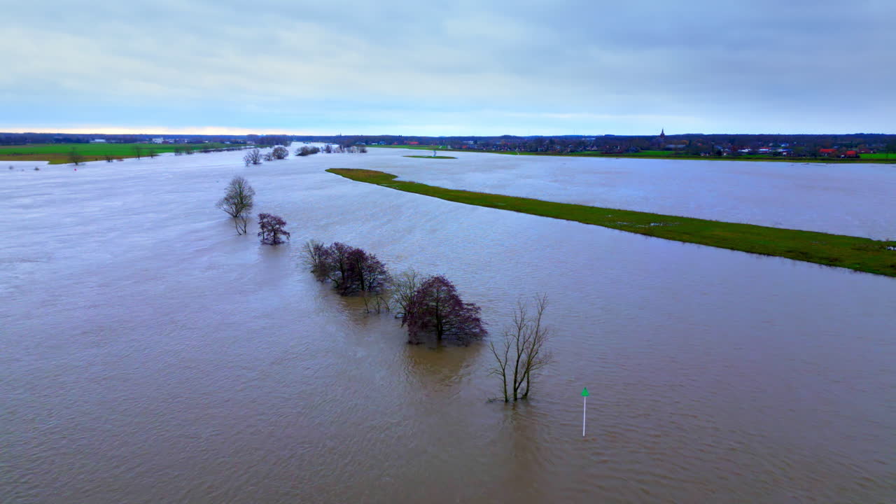 Meuse Dutch Landscape change due to climate crisis with flooded areas