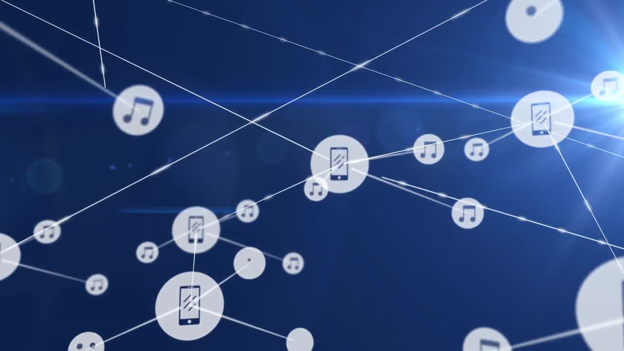 animación de la red de conexiones con iconos sobre fondo azul