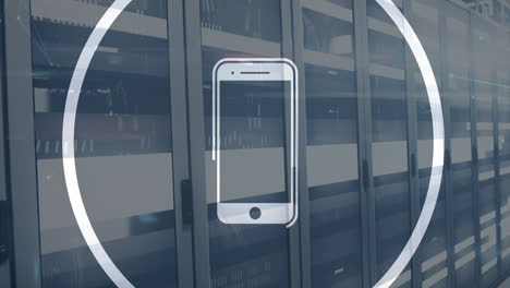 animation of smartphone icon and data processing over server room