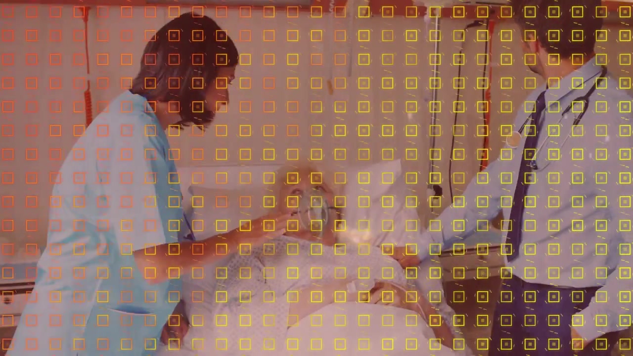 Animazione di croci e cubi che si muovono su una dottoressa caucasica e un paziente anziano.