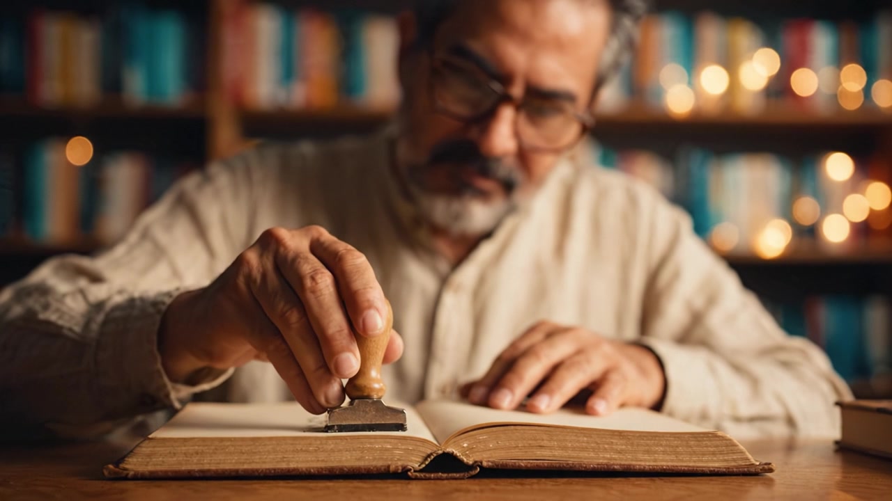 Una persona pensierosa timbra un libro in un'accogliente ambientazione di biblioteca, circondata da luci scintillanti che creano un'atmosfera di conoscenza e riflessione