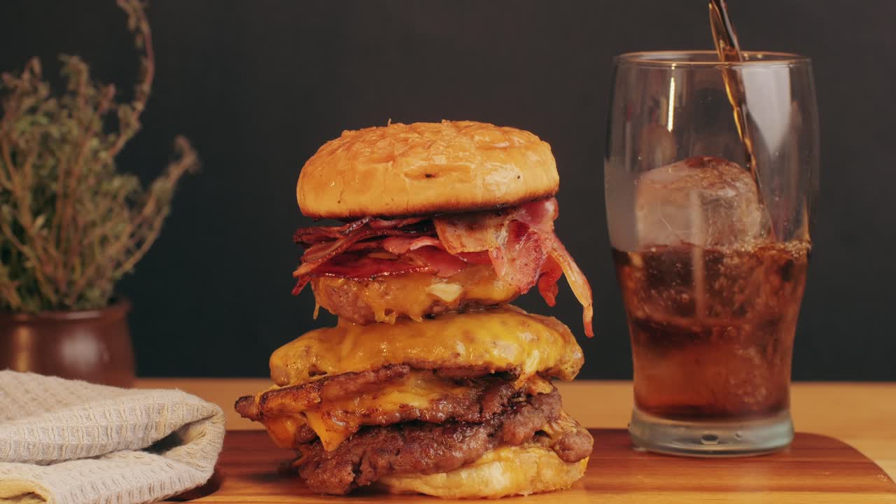 American fat smash burger with bacon slices and cheese on grill and grilled potato slices, with fresh ice coke close-up . Beef or pork cutlet smashing by burger press. The chef in kitchen of the restaurant making cutlets for burgers - smash burger beefsteak. Fast and street food concept. . High qual