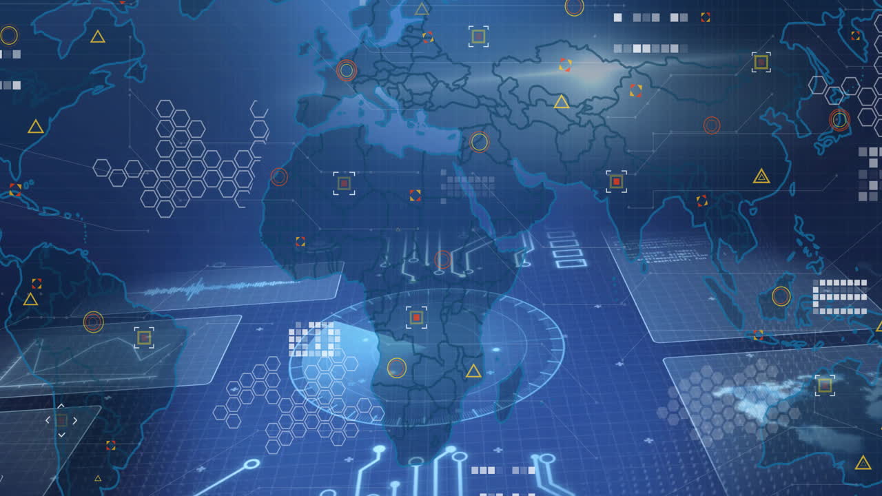 Animation of digital map with data symbols and network connections over continents