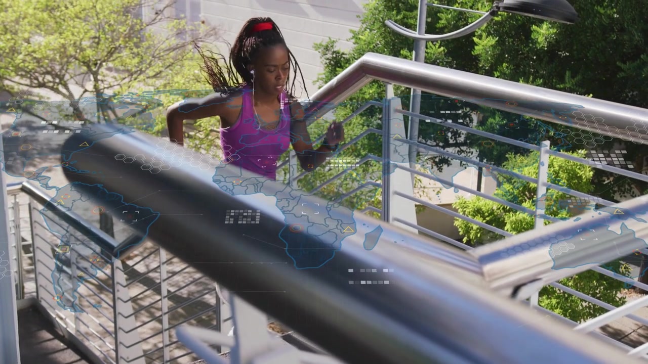Woman stepping onto stairs, ascending for fitness with animated map tracking route across handrail