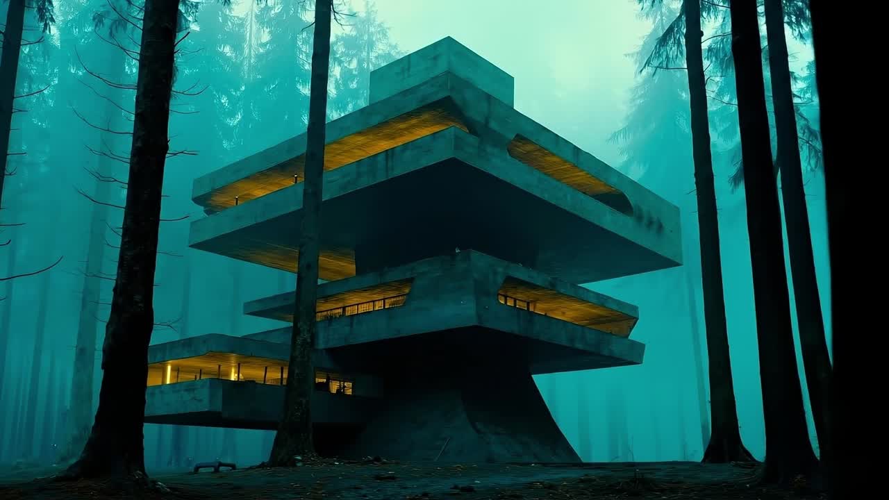 A futuristic building in the middle of a forest at night
