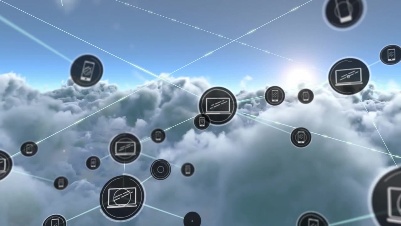 Animation of network of digital icons against clouds in the blue sky