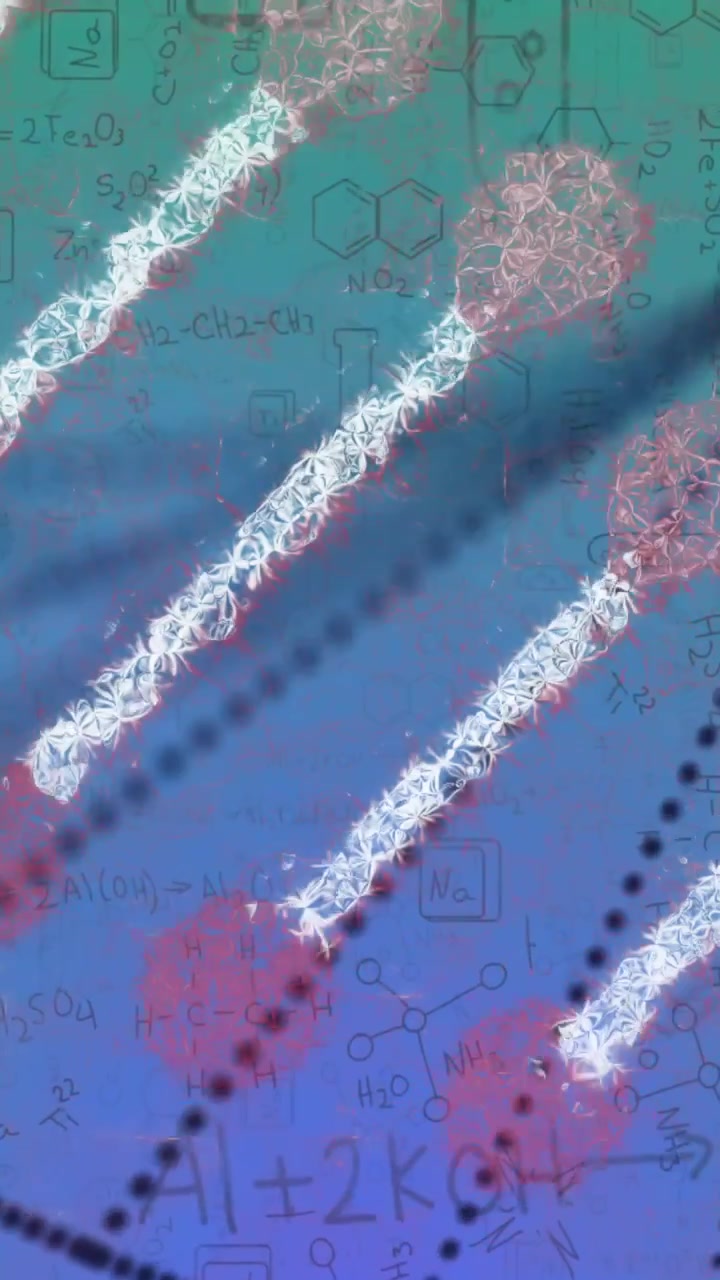 Chemical formulas and molecular structures over abstract scientific animation background