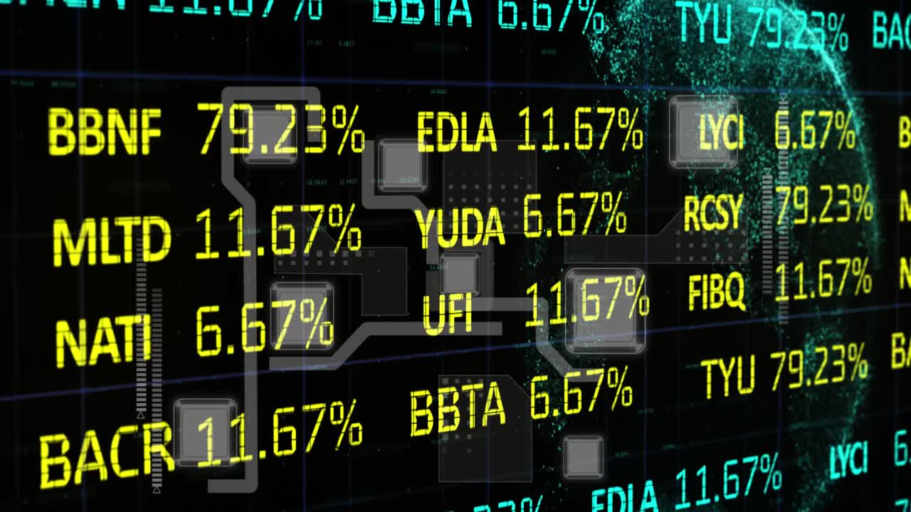 Animazione di una schermata di trading su linee che si muovono attorno a quadrati e un globo su sfondo nero