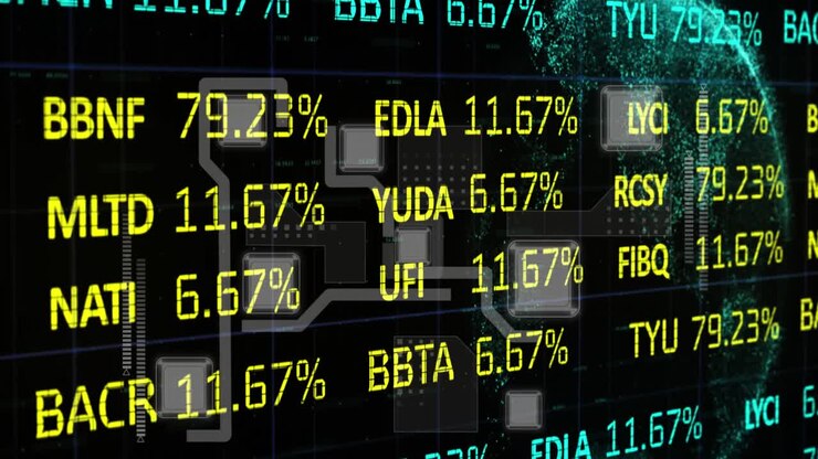 Animazione di una schermata di trading su linee che si muovono attorno a quadrati e un globo su sfondo nero