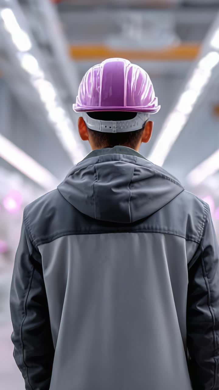 Focused Worker in Safety Gear: A Back View of an Individual in a Grey Jacket and Pink Hard Hat Inside a Modern Industrial Facility with Bright Lighting